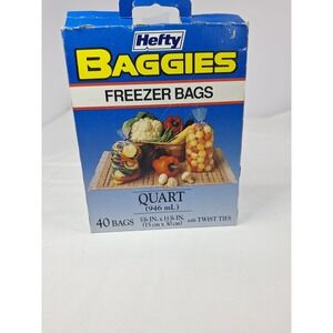 Vintage Hefty Baggies Freezer Bags Quart Size 40 Count with Twist Ties 1995 Box